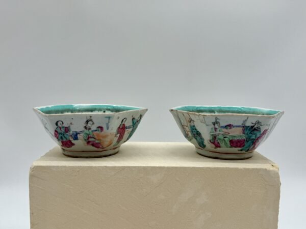 Pair of Chinese Qing Dynasty Famille Rose Tea Bowls, Stamped, c1880-1900