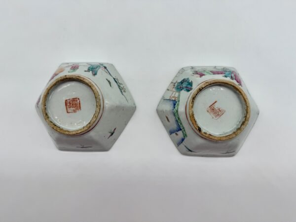 Pair of Chinese Qing Dynasty Famille Rose Tea Bowls, Stamped, c1880-1900 - Image 3