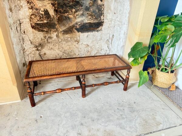 Antique 19th Century English Walnut Long Stool Cane Seat Bench – Regency/Victorian Period