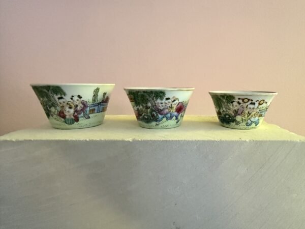 Antique Chinese Famille Rose 'Hundred Boys' Porcelain Bowls – Set of 3 Graduated Size – Qing Dynasty